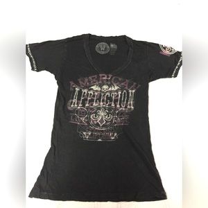 NWOT Affliction V-neck Tshirt Women’s Medium Rhinestone Skull Bling Black Biker